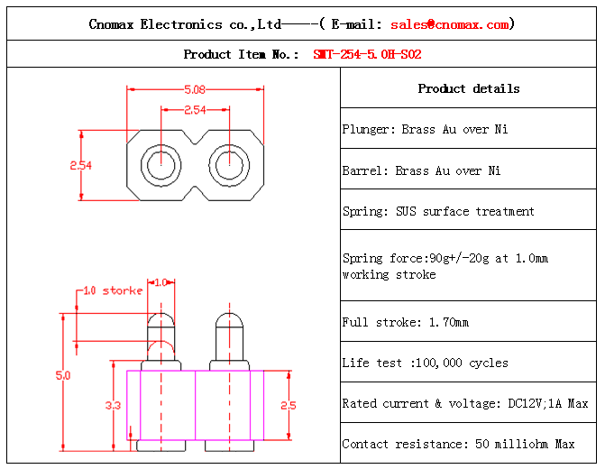 2pin connector,Mill-max pogo pin,Spring-Loaded Pin